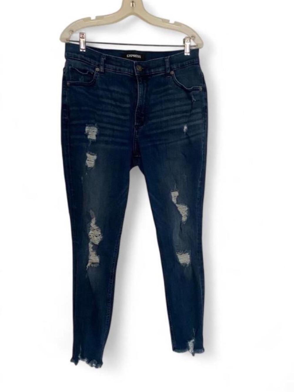 Express Denim Perfect High Rise Indigo Ankle Jeans Ripped Distressed Raw Hem 12R